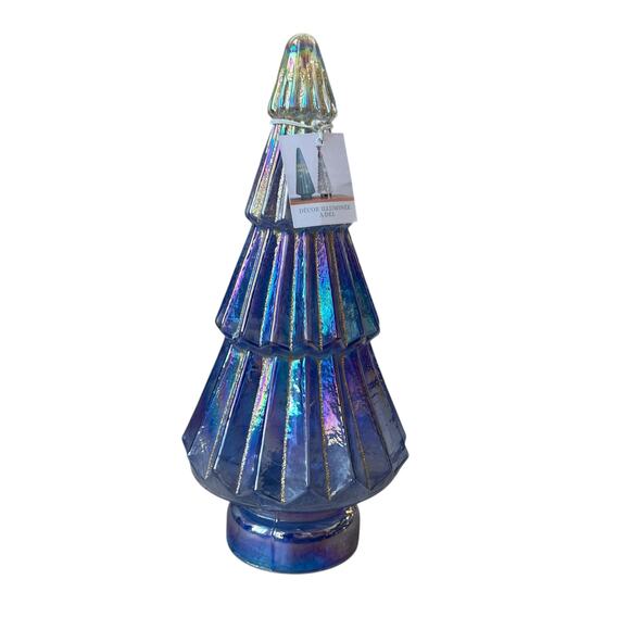Illuminated Glass Christmas Tree 13.25in Blue & Gold Chic LED Holiday Decor New - Picture 9 of 15